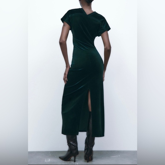ZARA ~ Green Draped Velvet Dress - Picture 5 of 12